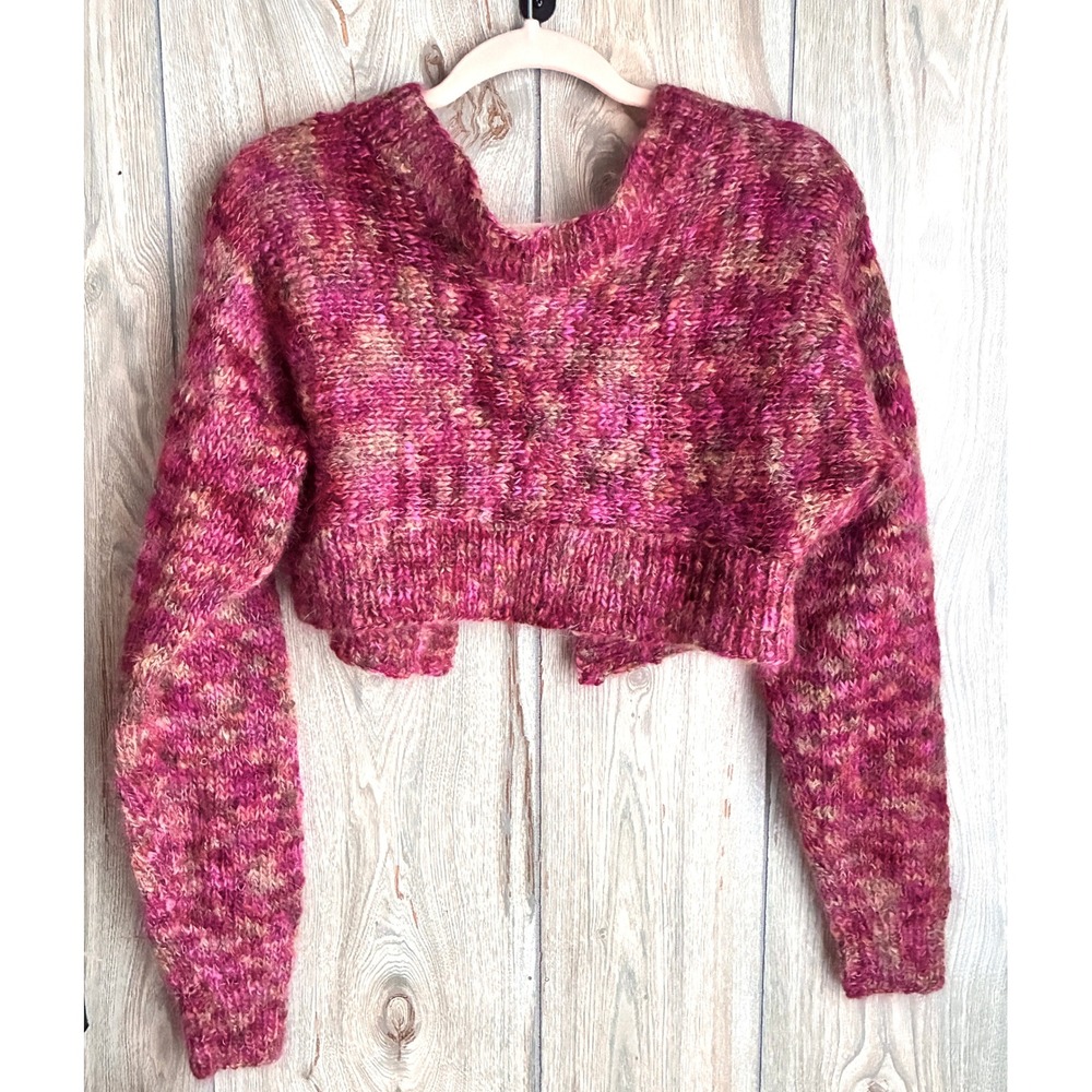 Hand Knit Pink & Beige Mohair Cropped Bolero Shrug Sweater S/M - Picture 9 of 10